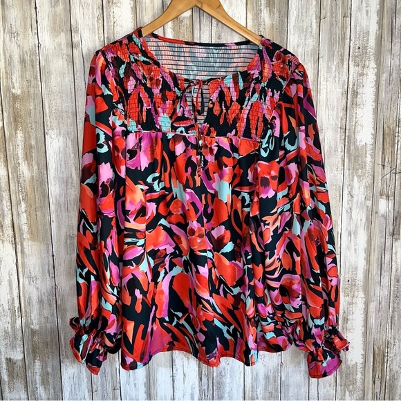 Entro Red Dalia Abstract Floral Shirred Detail Puff Sleeve Blouse Women’s Large - Picture 2 of 6